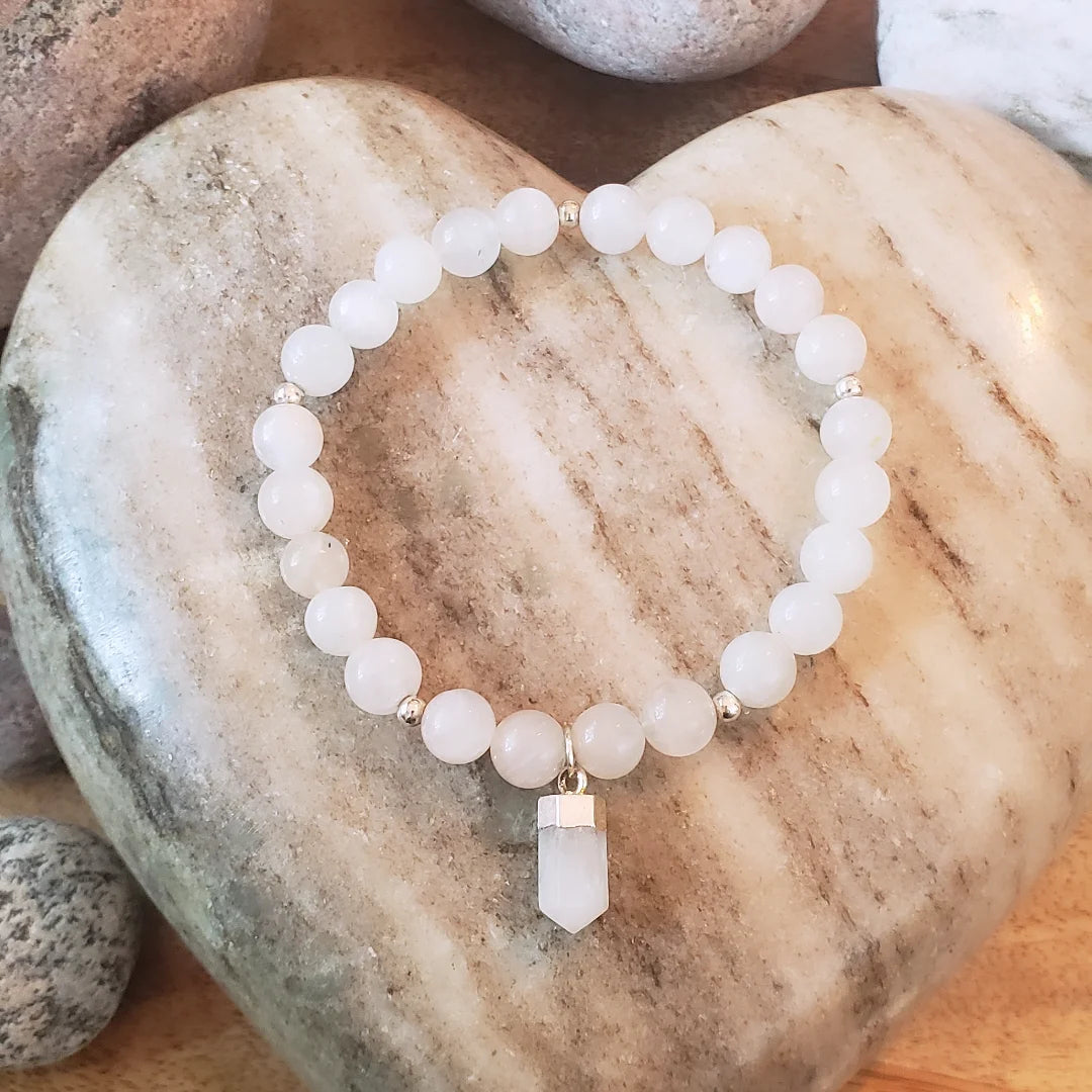 Moonstone crystal point beaded bracelet