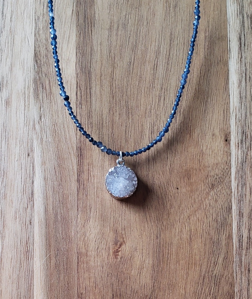 Sapphire and druzy quartz adjustable choker necklace