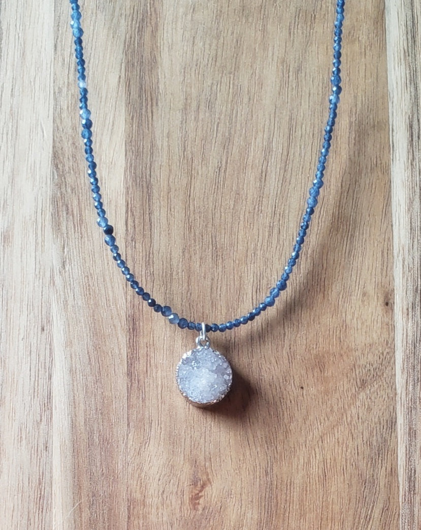 Sapphire and druzy quartz adjustable choker necklace