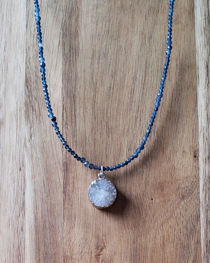 Sapphire and druzy quartz adjustable choker necklace