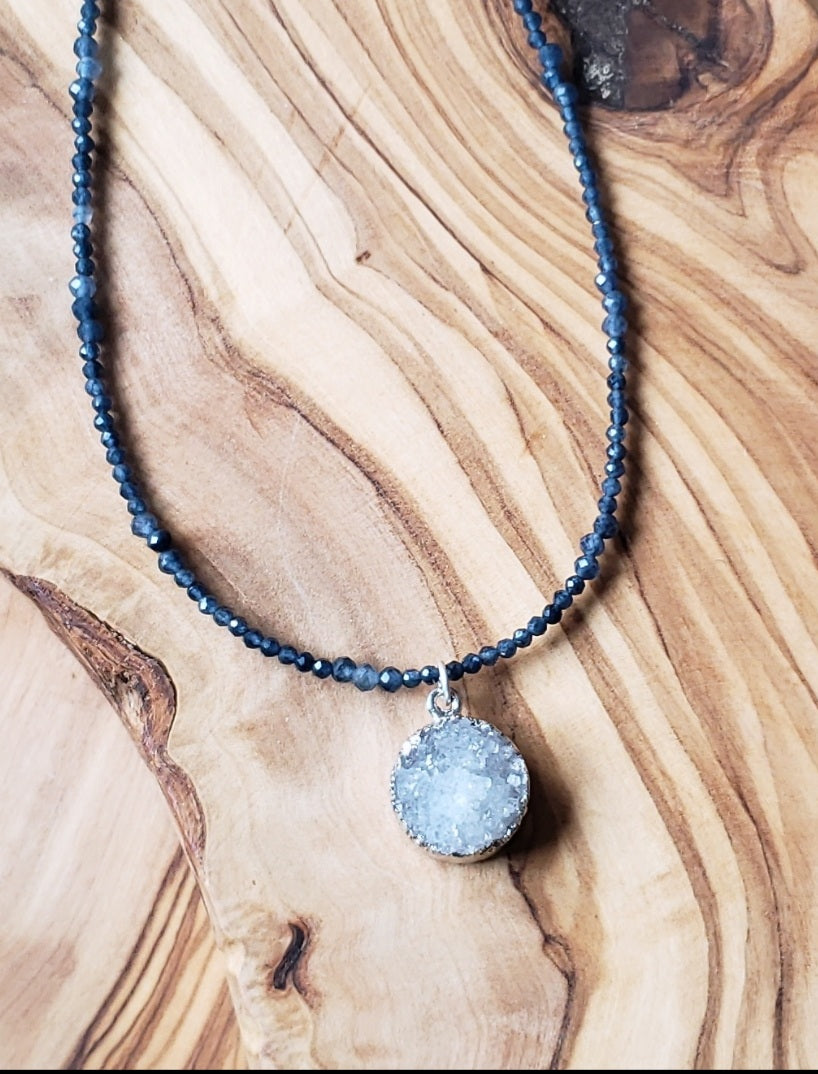 Sapphire and druzy quartz adjustable choker necklace