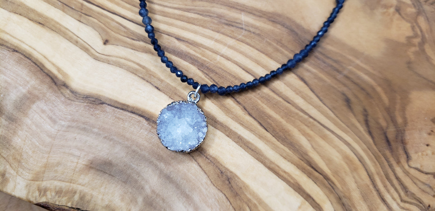 Sapphire and druzy quartz adjustable choker necklace