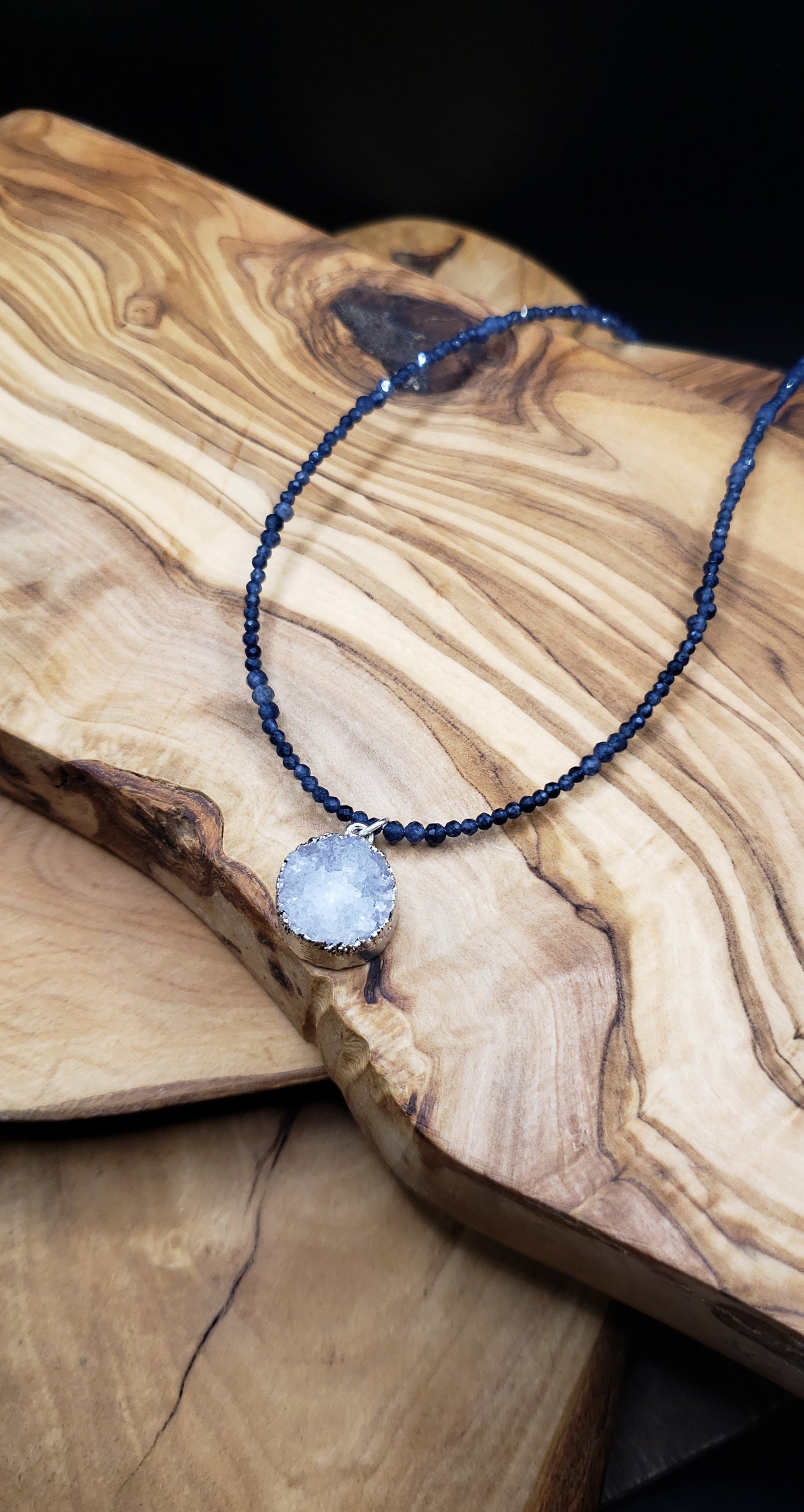 Sapphire and druzy quartz adjustable choker necklace