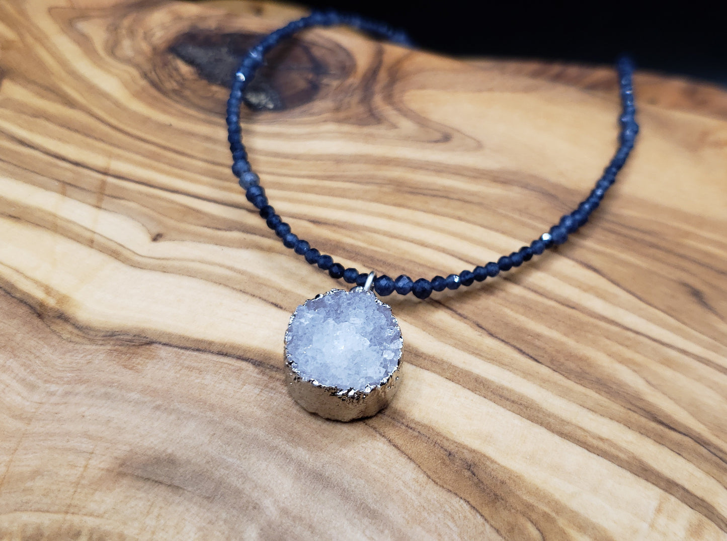 Sapphire and druzy quartz adjustable choker necklace