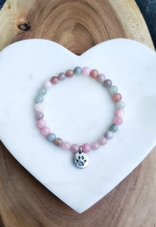 Pewter paw bracelet~ pink chaceldony