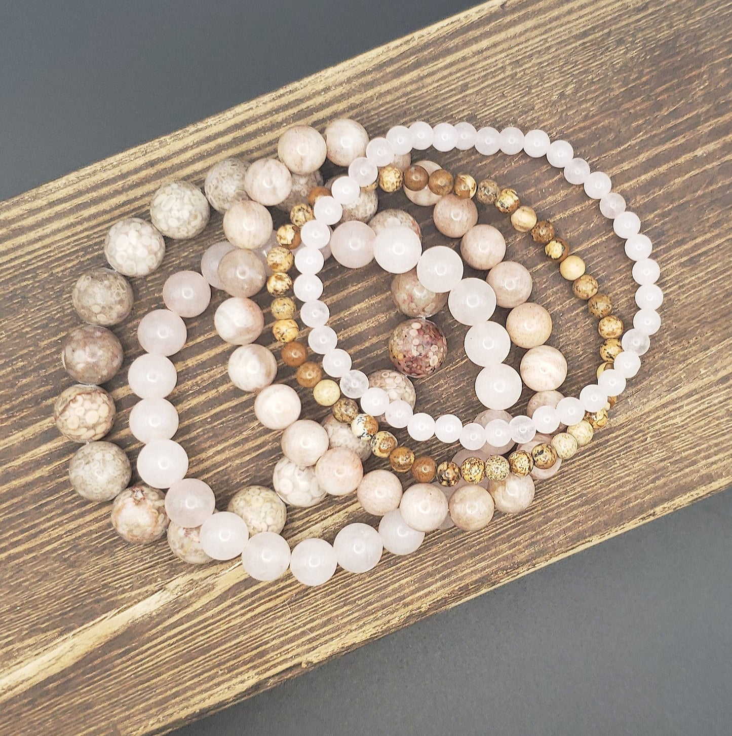 Set of five, neutral beaded bracelet "stack"