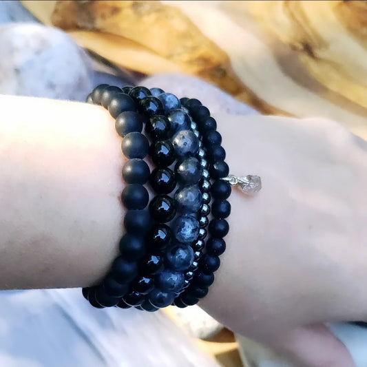 Bracelet stack~ black on black with raw herkimer diamond