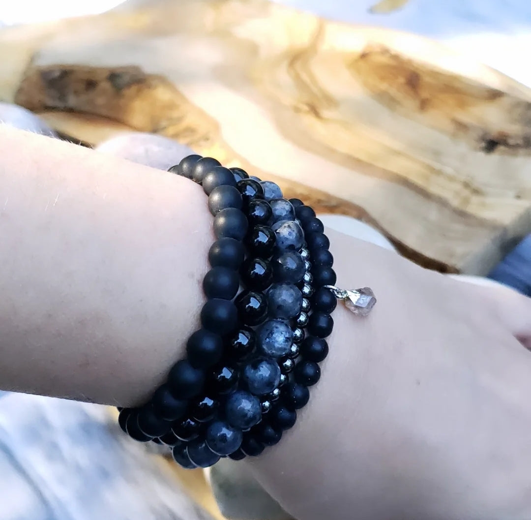 Bracelet stack~ black on black with raw herkimer diamond