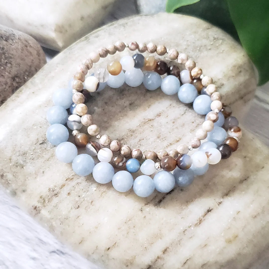 Bracelet stack of 3~ blues, cream & brown