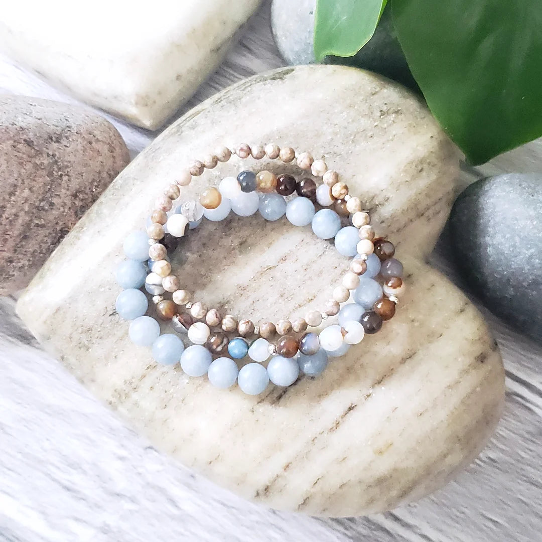 Bracelet stack of 3~ blues, cream & brown
