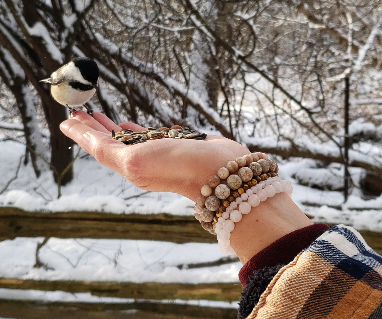 Set of five, neutral beaded bracelet "stack"