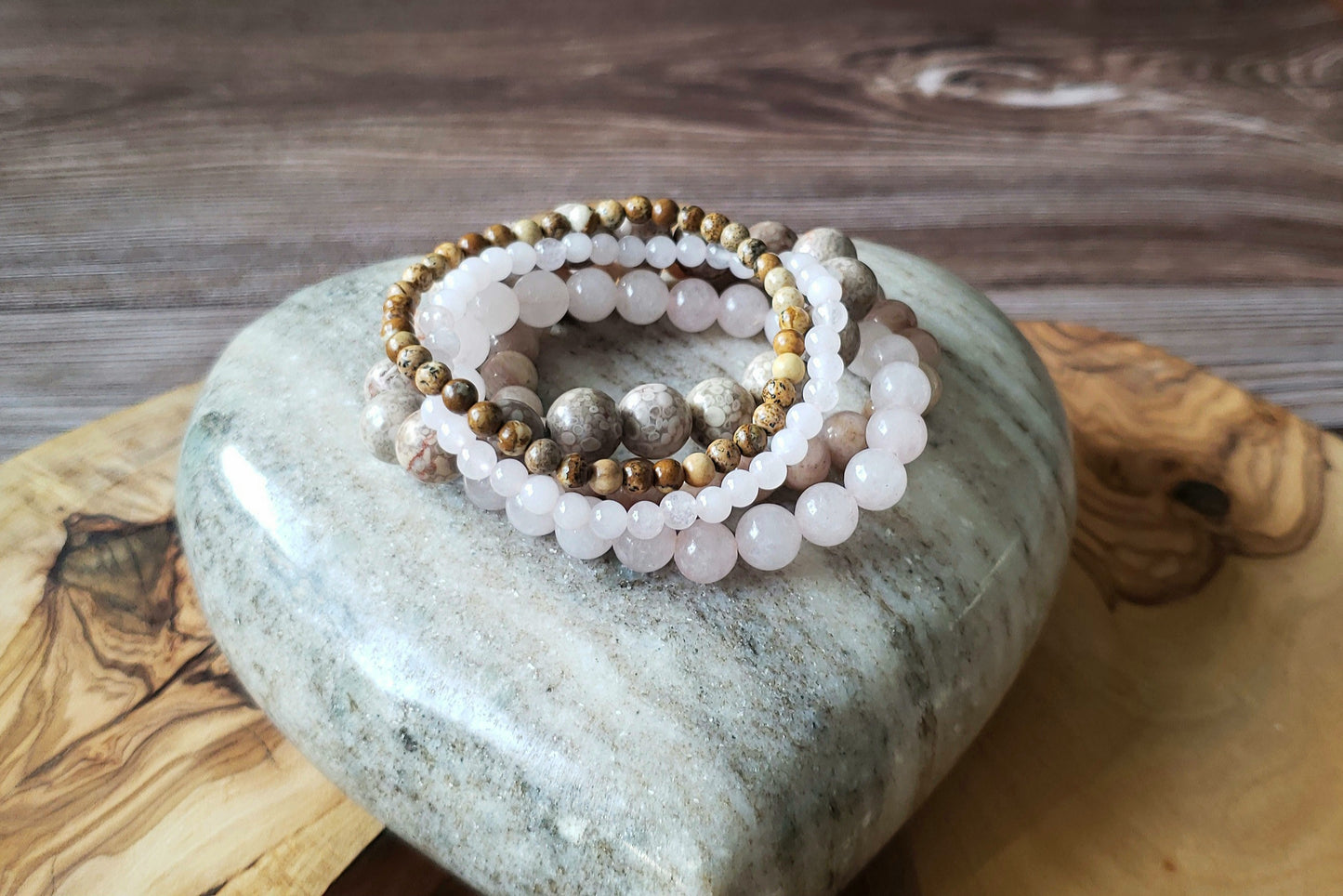 Set of five, neutral beaded bracelet "stack"