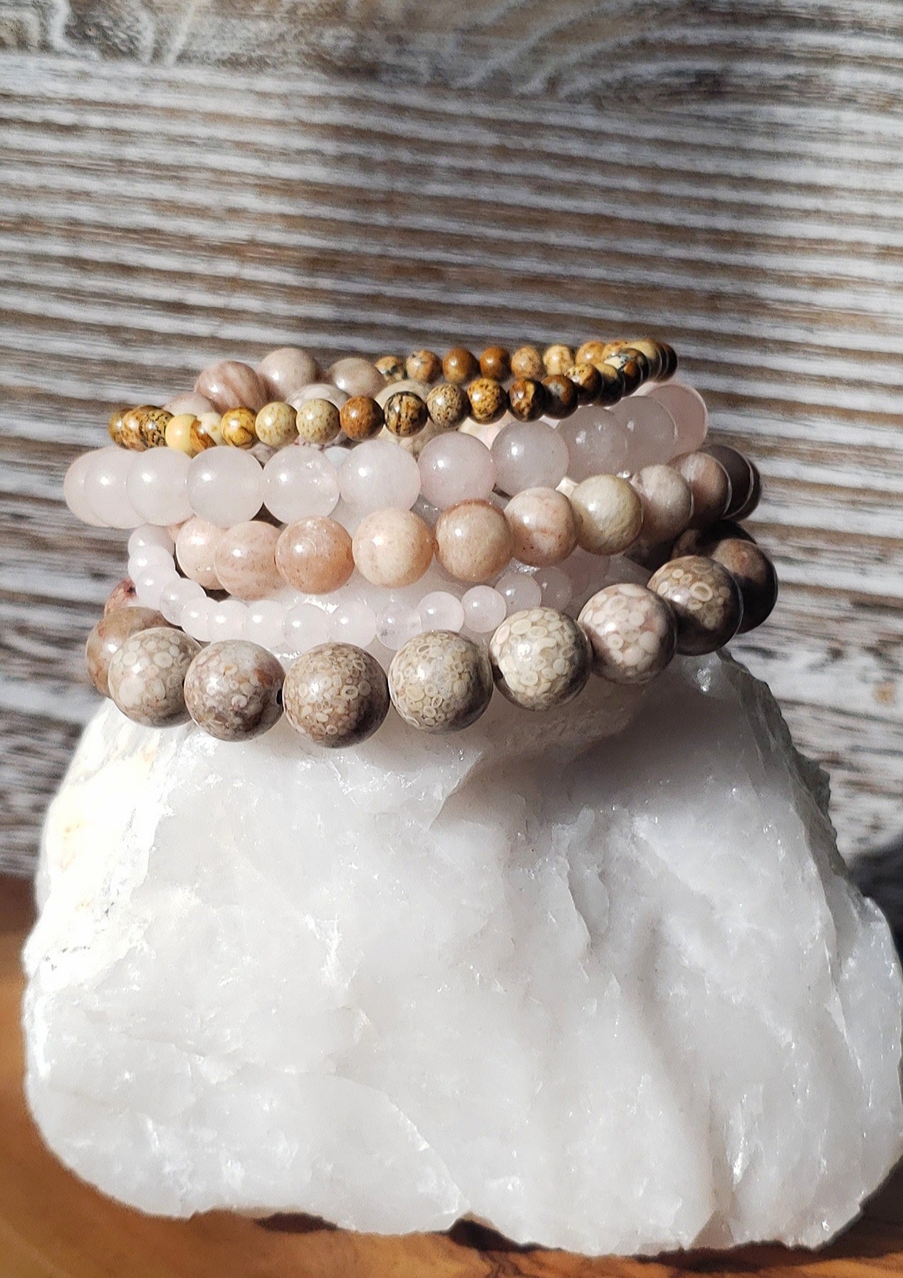 Set of five, neutral beaded bracelet "stack"