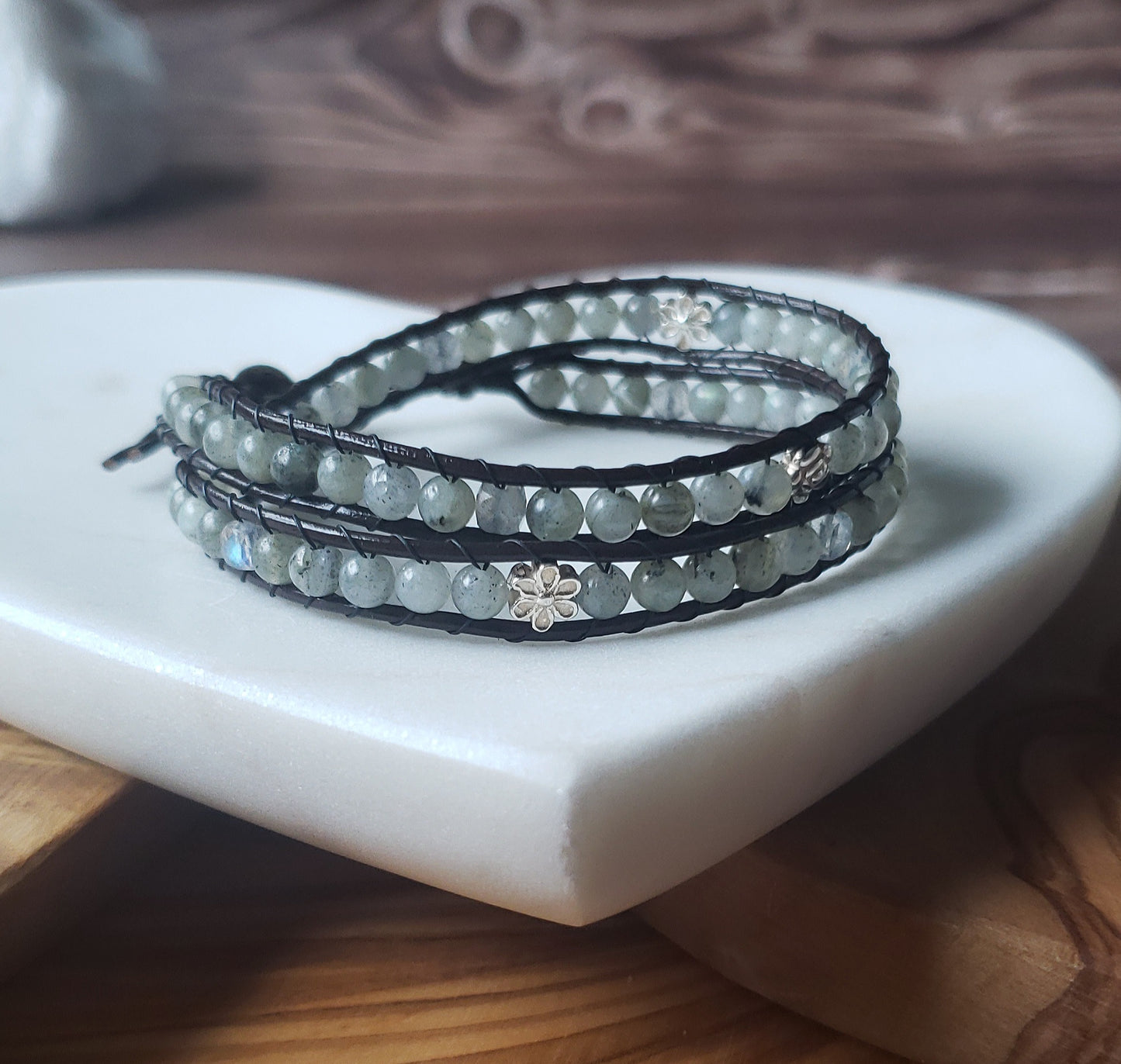 Labradorite and sterling silver double wrap bracelet