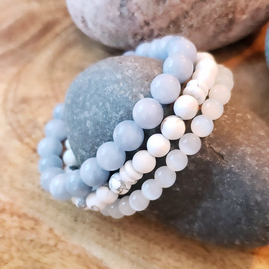 Bracelet stack of 3- howlite, selenite and soft blue