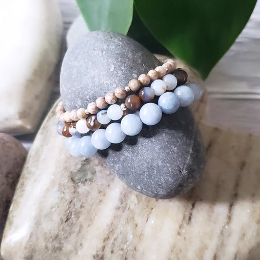 Bracelet stack of 3~ blues, cream & brown