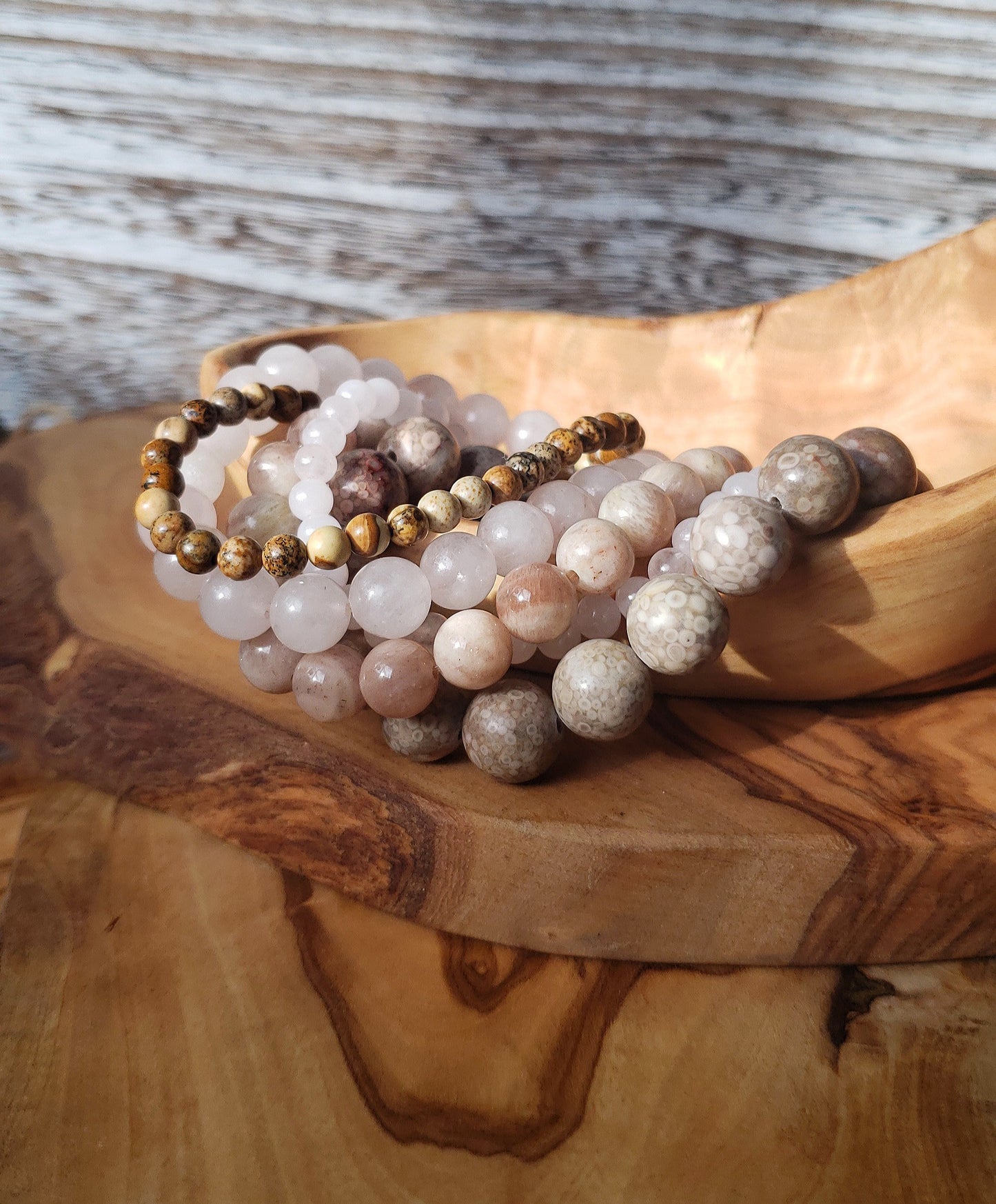 Set of five, neutral beaded bracelet "stack"