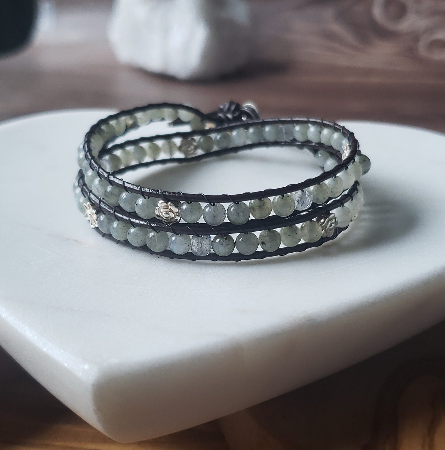 Labradorite and sterling silver double wrap bracelet