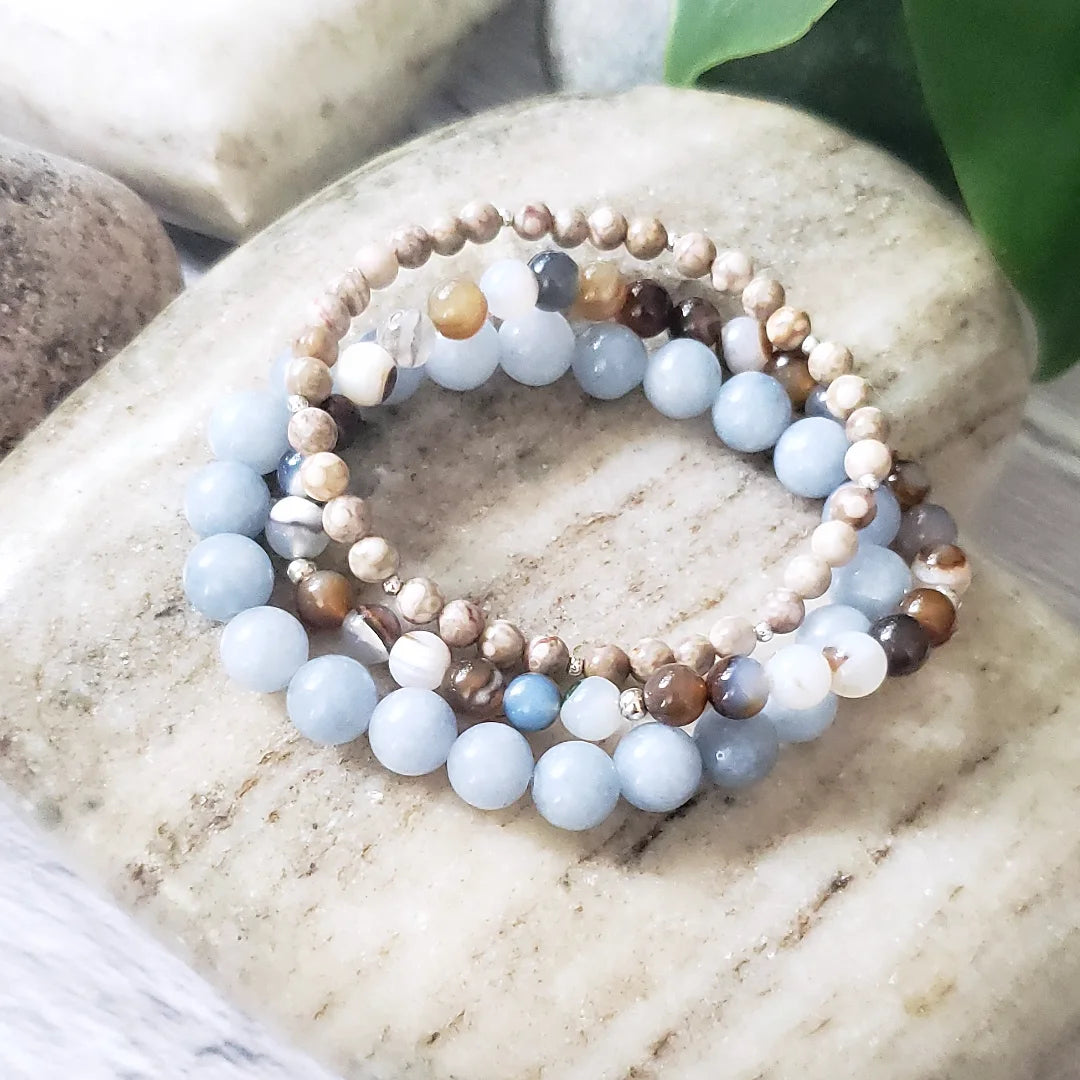 Bracelet stack of 3~ blues, cream & brown